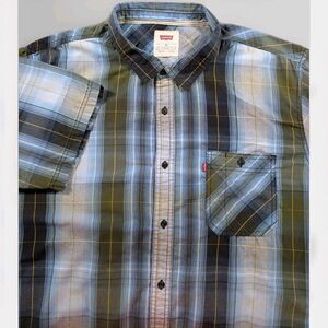 Levis Button Up Shirt Mens XXL Blue Plaid Short Sleeve Pocket Preppy Casual